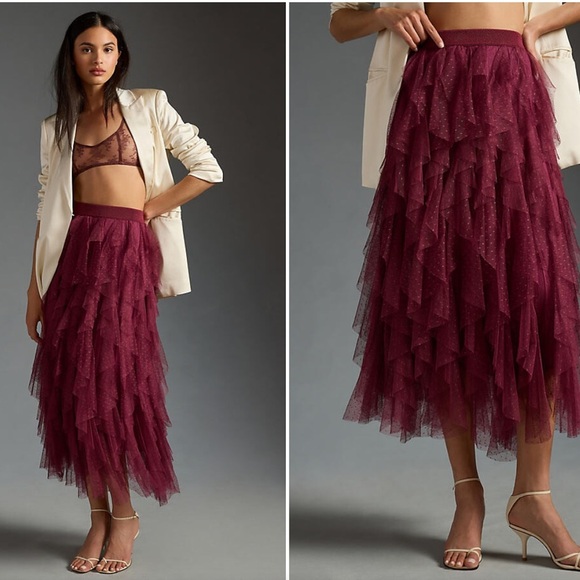 Altard’ State Ruffled Tulle Midi Skirt in Wine Tasting, New with Tags - Picture 1 of 5